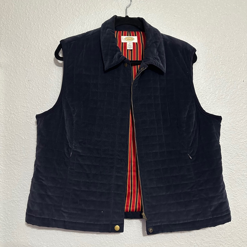 Talbots Navy Blue Quilted Corduroy Vest Striped Lining Size Large